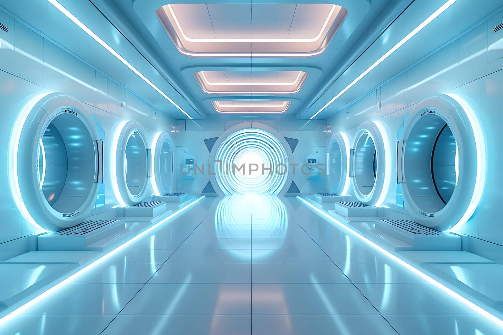 A futuristic hallway in electric blue with azure lighting at the end. The architecture blends symmetry and technology, like a mode of transport for organisms in an aqua environment