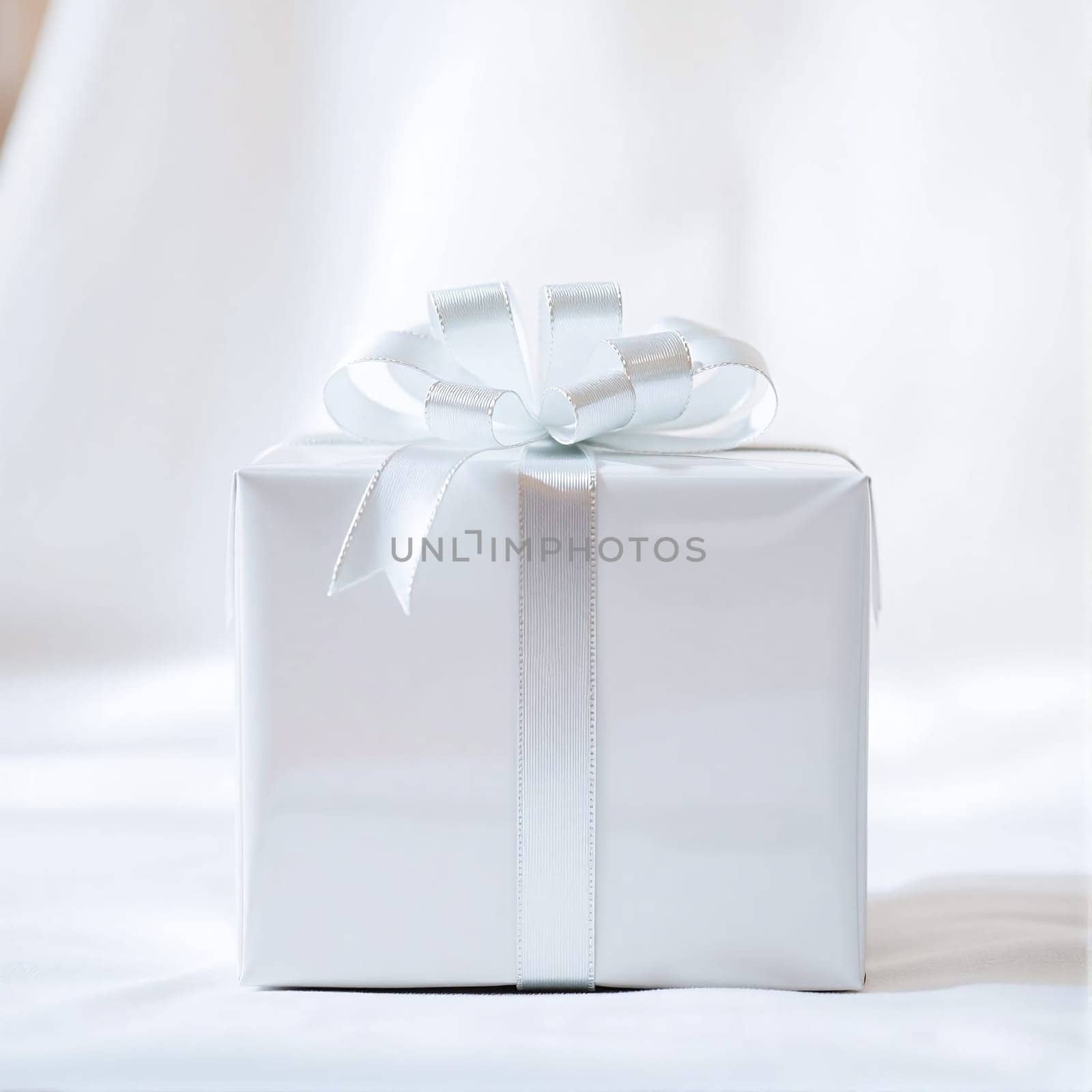 The white gift box sits elegantly on a smooth surface, adorned with a ribbon bow, creating a serene and inviting atmosphere. Perfect for celebrations and special occasions.