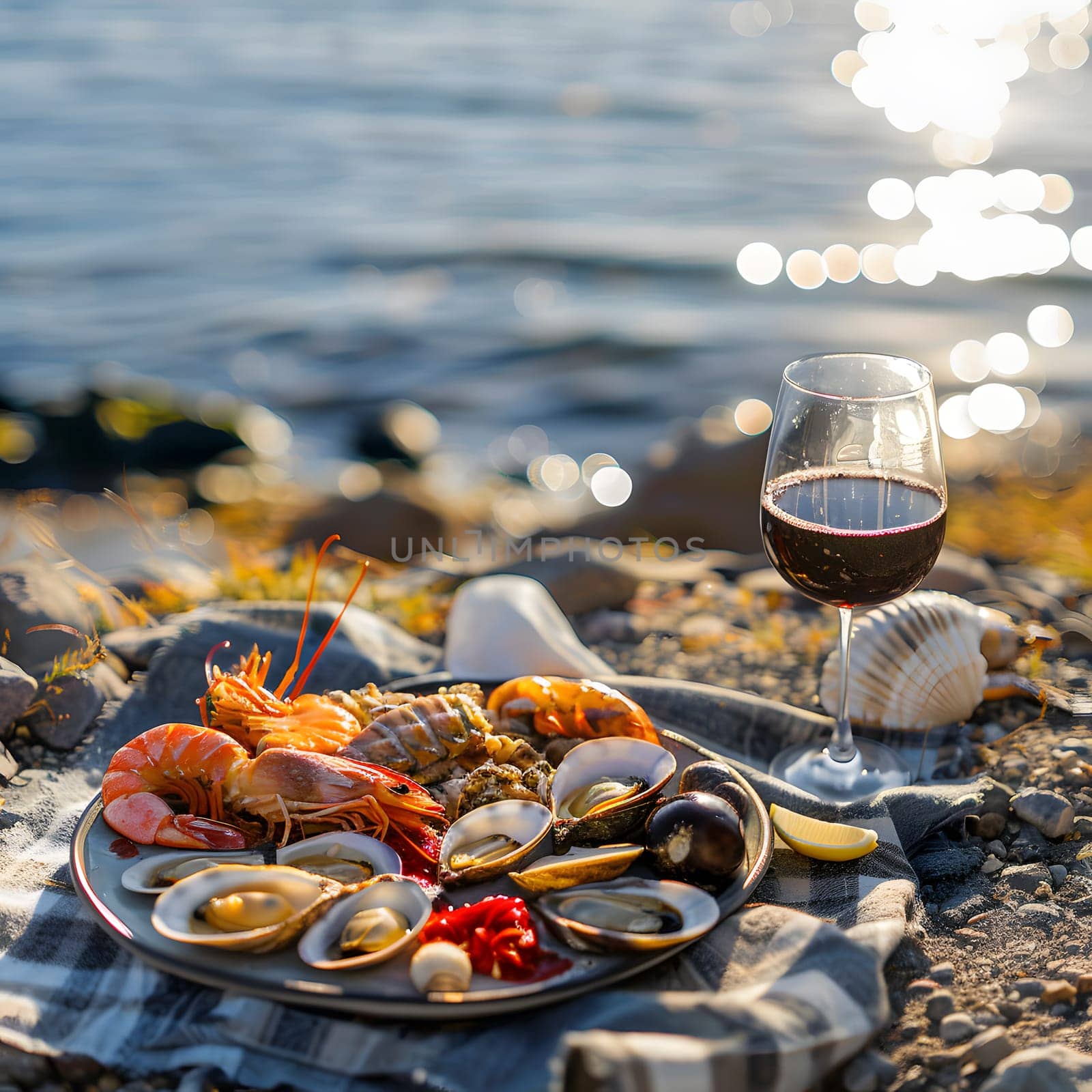 Enjoy a luxurious beachside seafood dinner with a view of the ocean, accompanied by wine