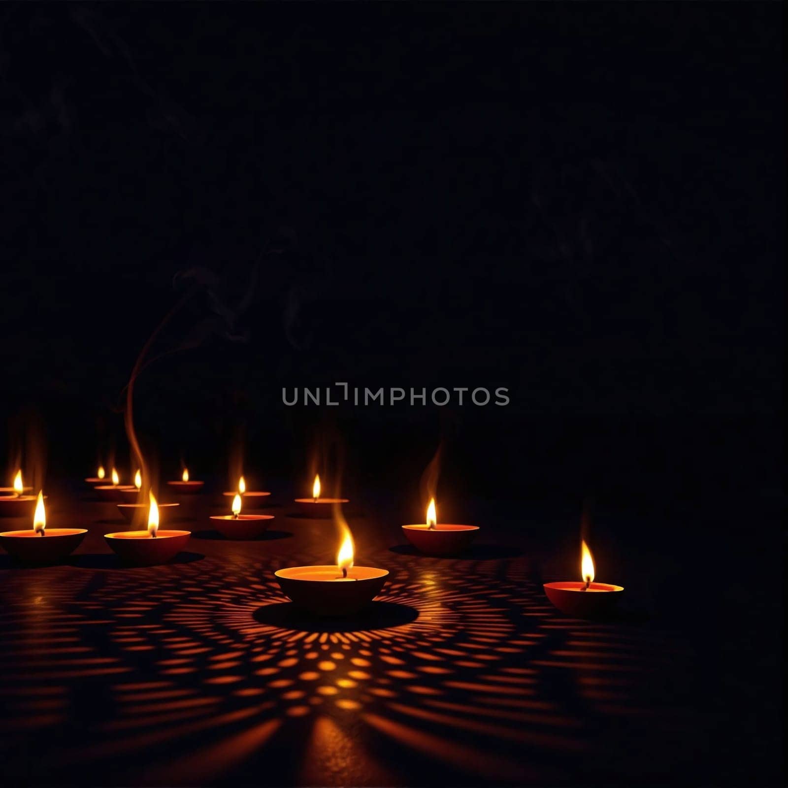 Several candles cast a warm glow in a dark area, creating beautiful, intricate shadows on the surface below. The flickering flames enhance the serene ambiance of the setting.