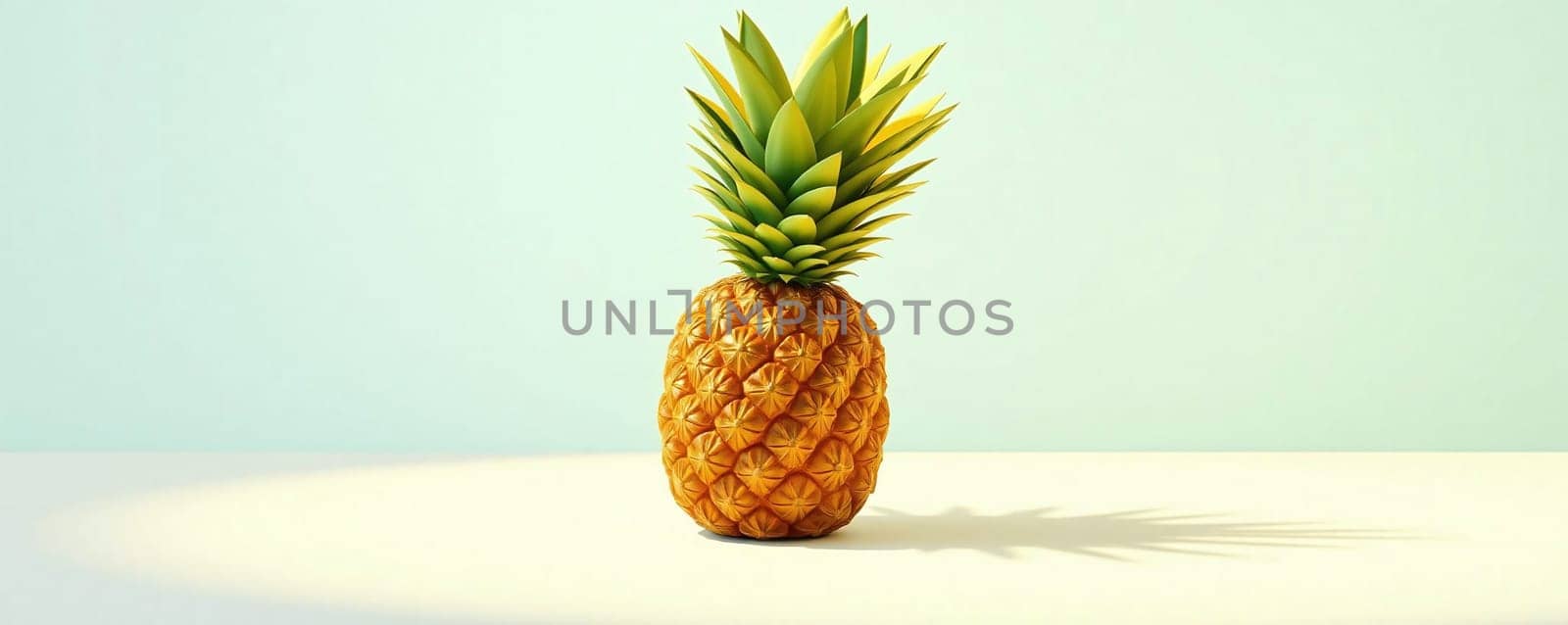A vibrant, fresh pineapple sits upright on a simple white table, casting a soft shadow on a light-colored background, highlighting its natural texture and color.