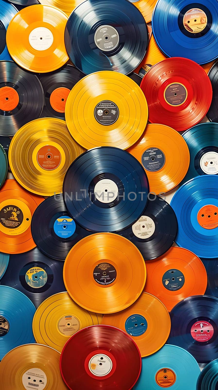 A stack of vibrant vinyl records creating a striking pattern of red circles. The light reflects off the glossy surface, creating a beautiful art piece