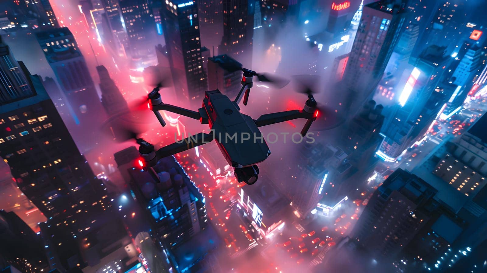 A drone flies in the sky above a city with neon lights and a foggy atmosphere