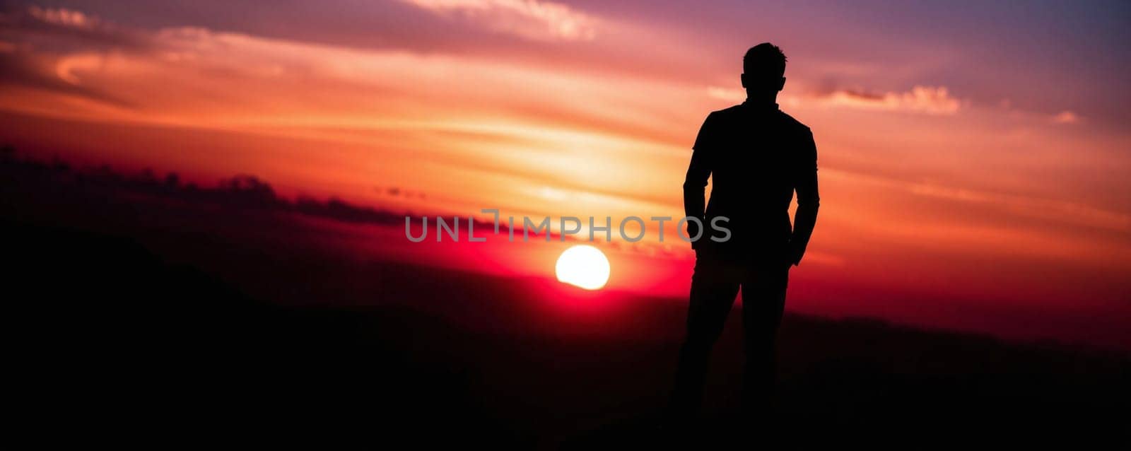 A lone individual stands on a hilltop, gazing at the vibrant sunset. The sky is filled with hues of orange and purple as the sun dips towards the horizon, creating a breathtaking view.