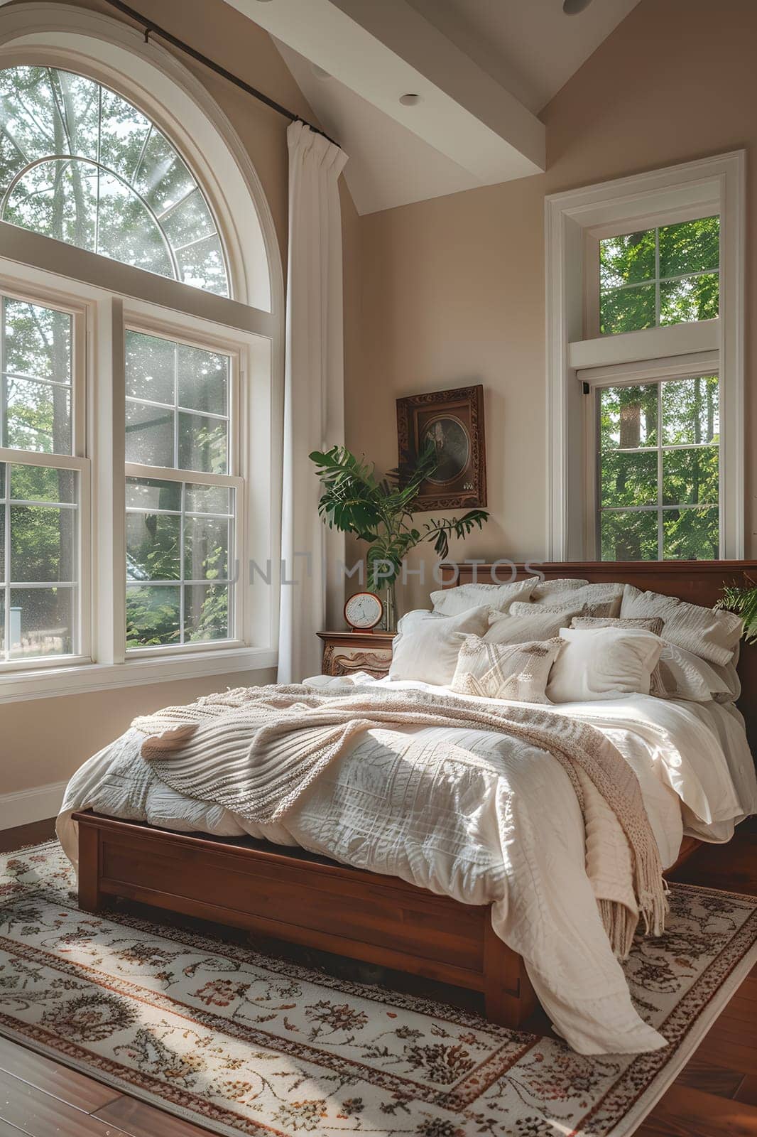 A cozy bedroom with hardwood flooring, featuring a comfortable bed, a stylish rug, and a large window providing lots of natural light