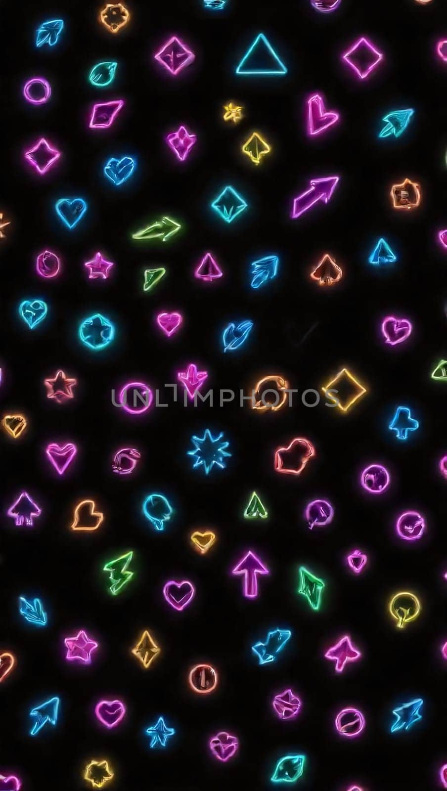A colorful array of neon geometric shapes fills the black background. Diverse symbols like hearts, diamonds, and arrows create a lively and engaging visual display that captures attention.