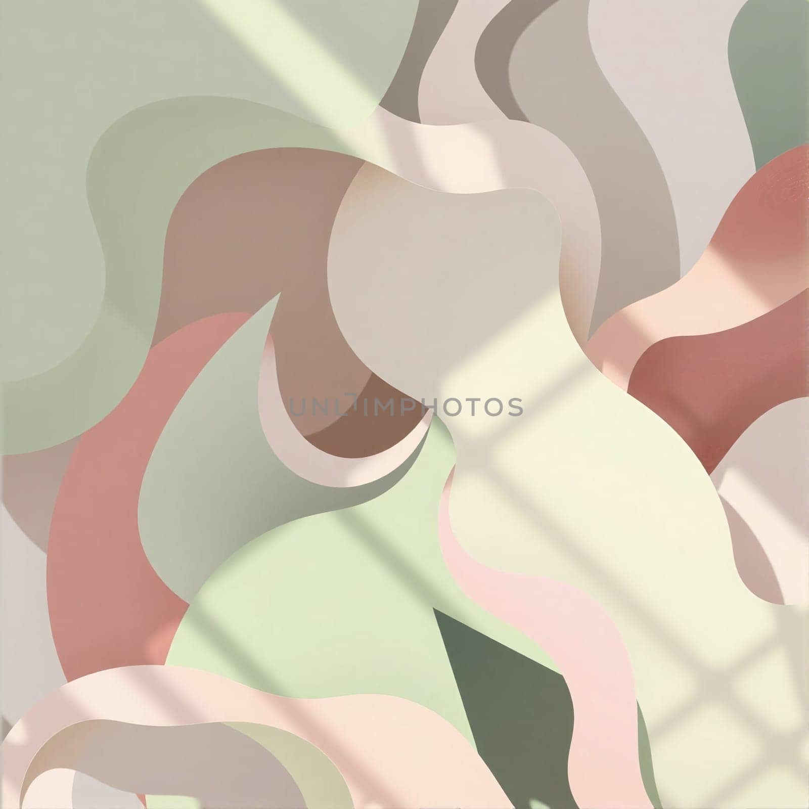 Soft pastel colors create a calming atmosphere with flowing shapes intertwining. Gentle shadows are cast, adding depth and interest to this abstract design.
