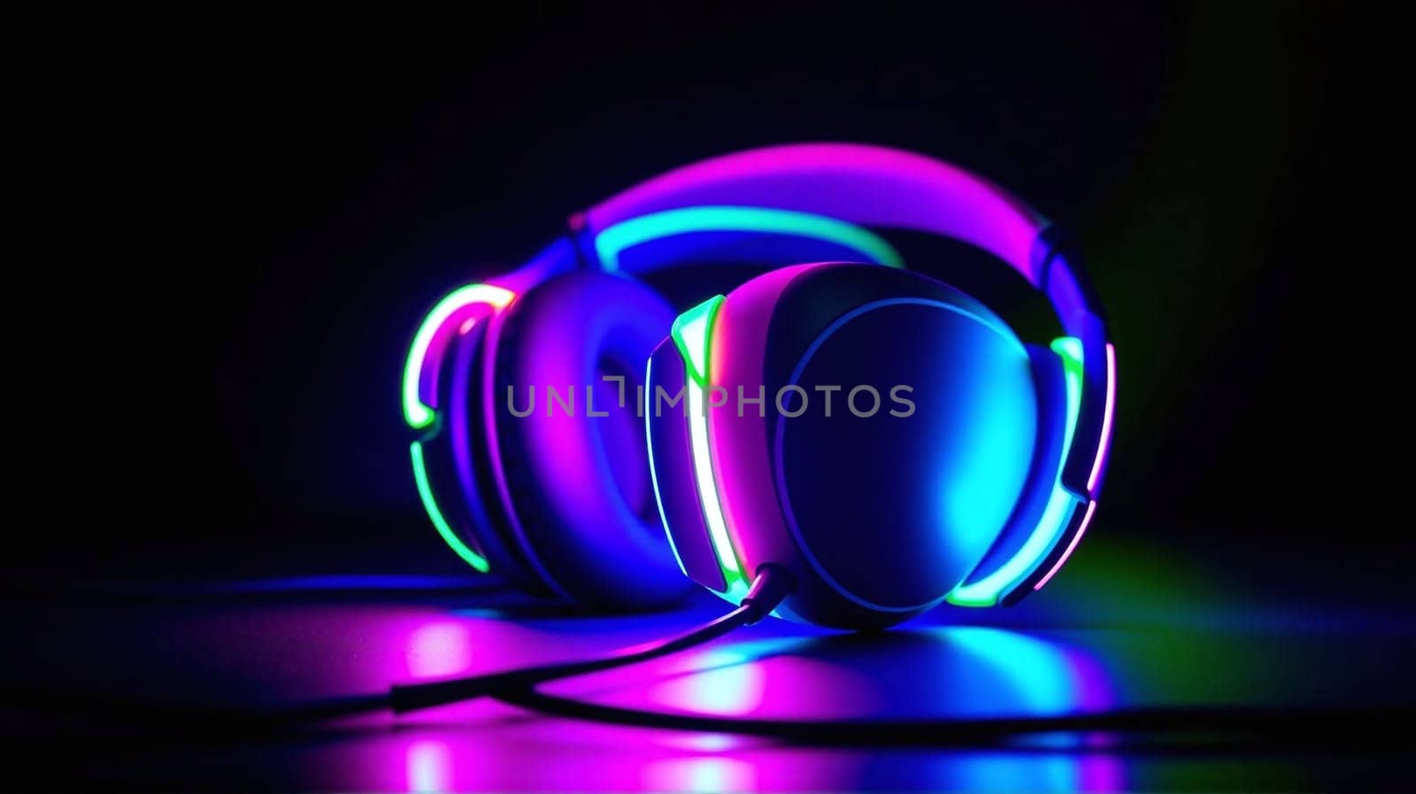 A pair of illuminated headphones with vibrant colors is placed on a dark surface, creating a striking contrast that enhances their modern design and appeal during nighttime.