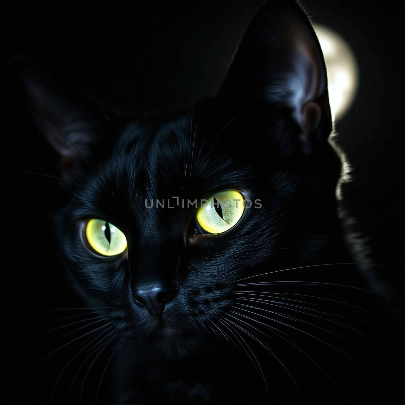 The black cat sits quietly, its bright yellow eyes shining against the dark backdrop. A soft moonlight highlights its sleek fur as it observes the surroundings.