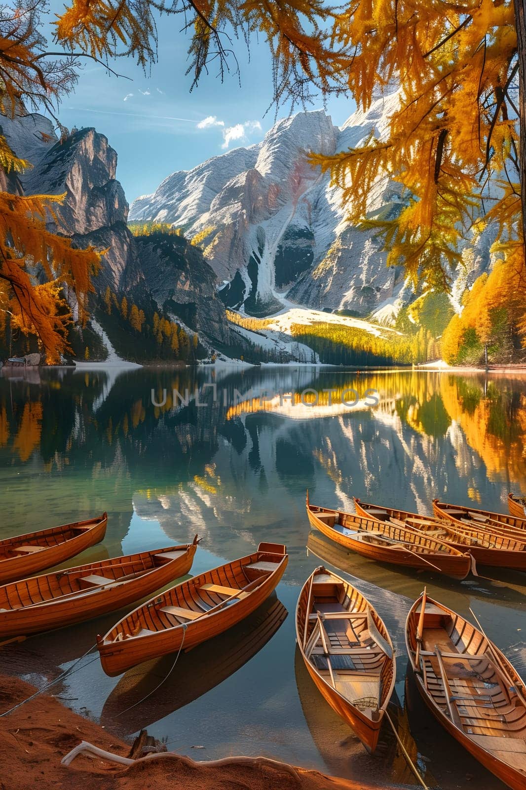 Wooden boats on tranquil lake surrounded by majestic autumn mountain landscape.
