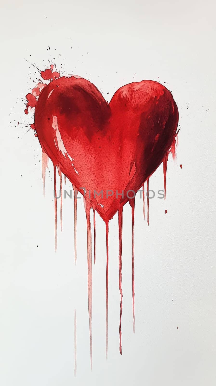 Heart drawn with red paint, splashes and drops of red paint on paper. High quality photo
