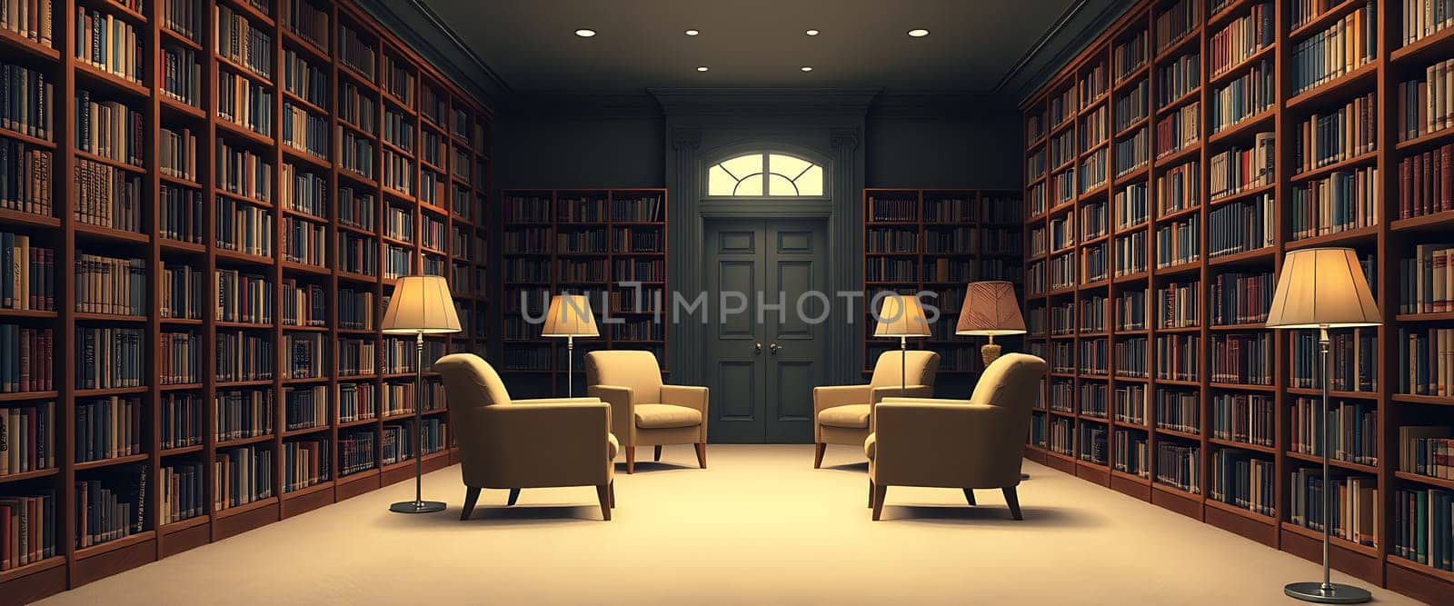 The image depicts a serene and inviting library, characterized by towering bookshelves filled to the brim with an array of colorful books. Soft, warm light emanates from elegant floor lamps, casting gentle shadows across plush armchairs arranged thoughtfully for peaceful reflection and reading. The ambiance exudes a sense of tranquility and intellectual pursuit, making it an ideal sanctuary for those seeking quiet contemplation amidst a sea of literature.
