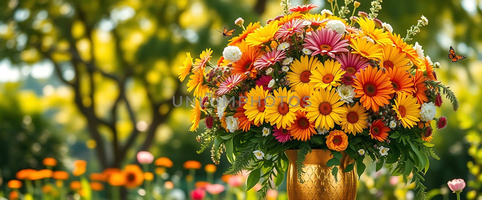 This vibrant bouquet, housed in an ornate golden vase, bursts with a myriad of bright flowers including radiant yellows, fiery oranges, and soft pinks. Set against a lush garden backdrop, the arrangement exudes a sense of warmth and joy, accentuated by the delicate flutter of butterflies that add a touch of whimsy and natural beauty to the scene.