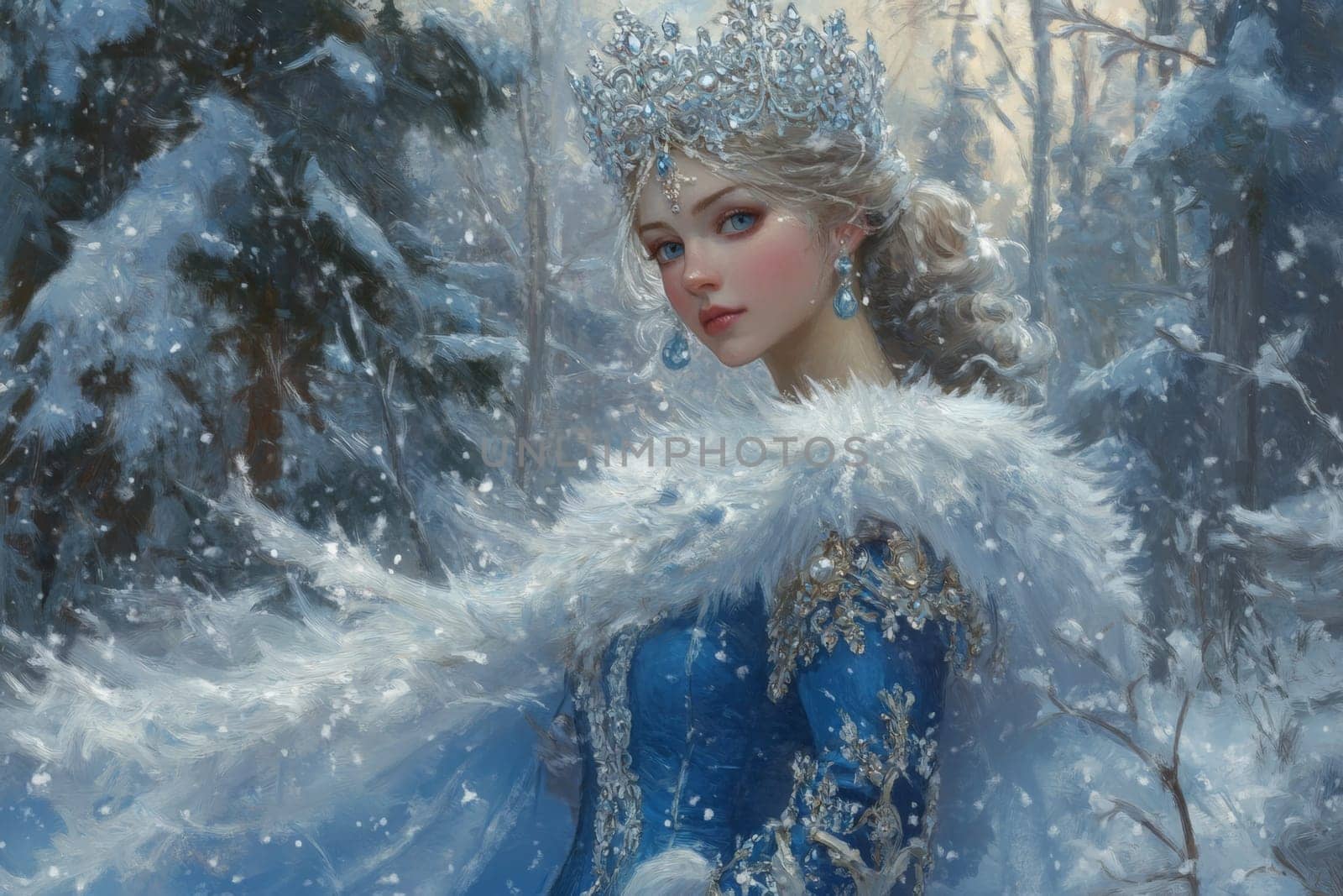 Portrait of a very beautiful woman in a winter forest, a fairy or mistress of the forest walks around her domain. High quality photo