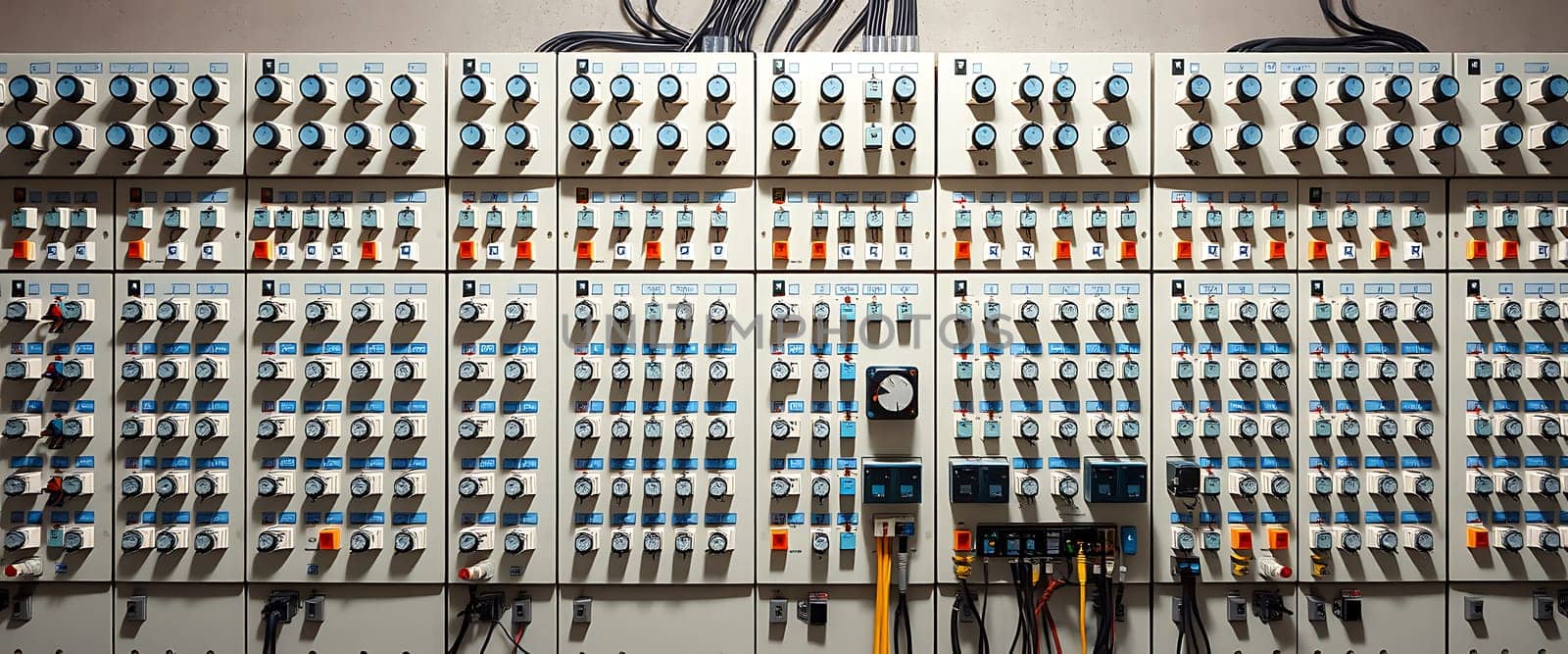 The image showcases an intricate array of electrical control panels, each adorned with rows of switches and dials, exuding a sense of organized complexity. The stark contrast between the metallic sheen of the panels and the vibrant hues of the switches creates a visually striking symphony of technology and color, evoking a feeling of awe at the precision and sophistication of modern engineering.