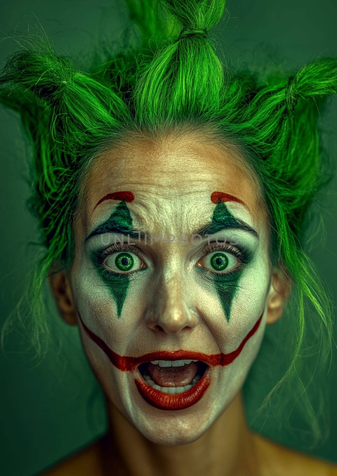 Woman transforms into a scary joker for halloween with green hair and dramatic makeup, embodying the iconic character with a colorful, vivid expression, showcasing her fun approach to the holiday