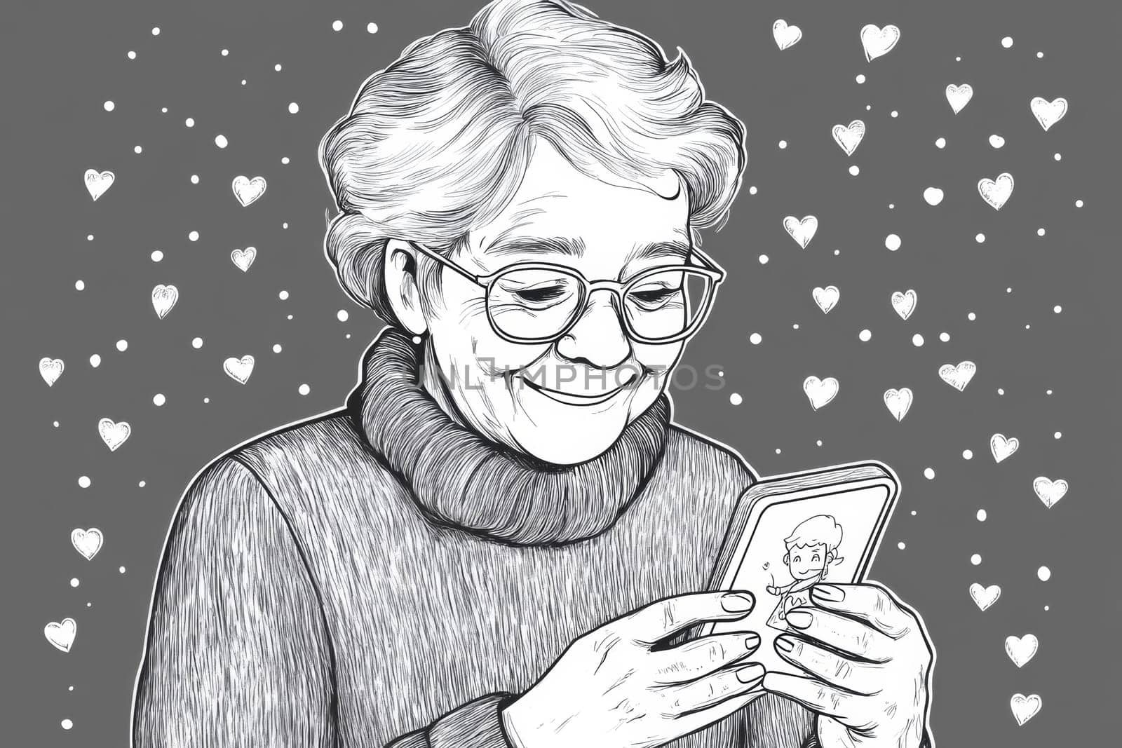 An elderly woman with a phone in her hands on a white background. High quality photo