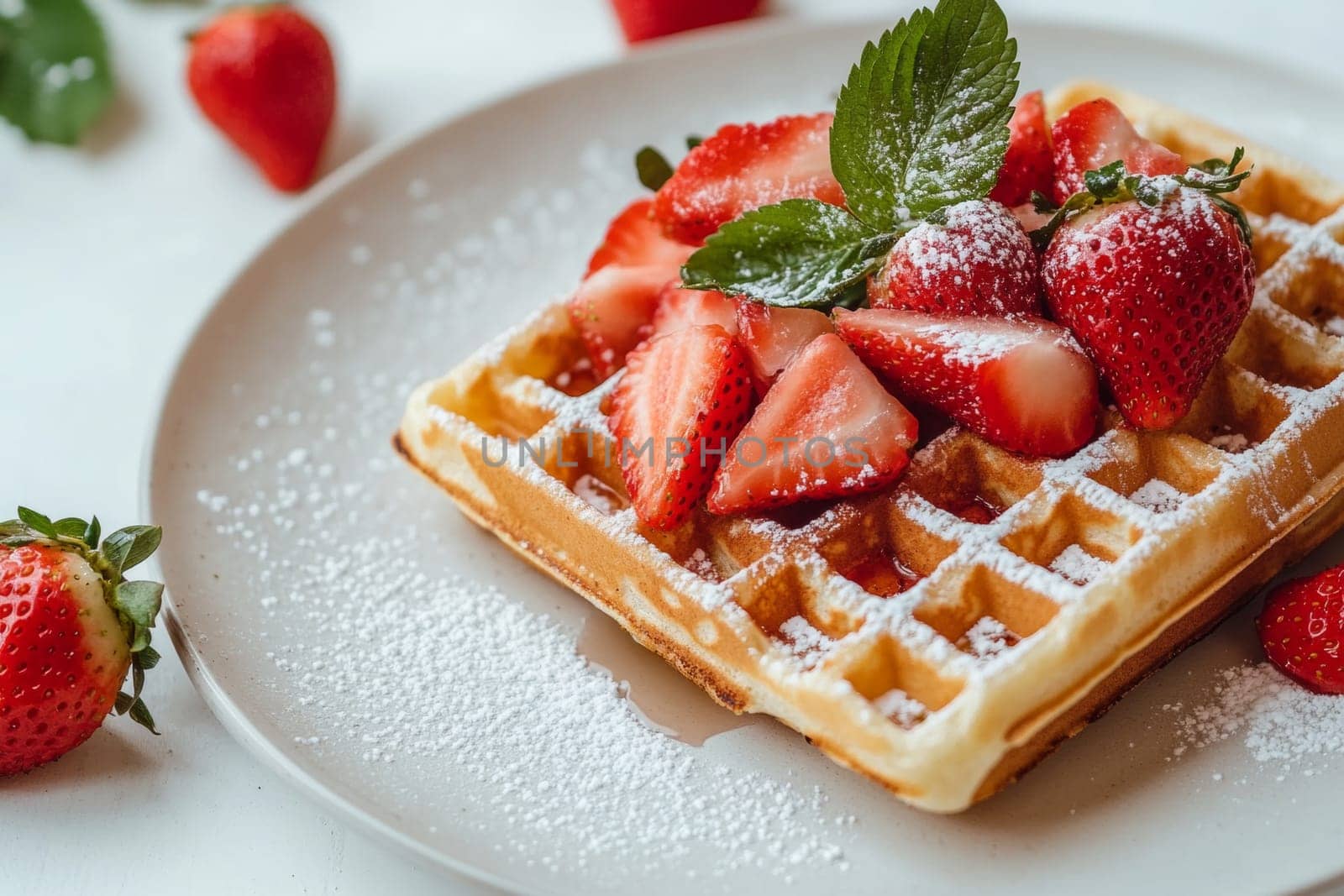 Hot fresh Belgian waffles are prepared for breakfast. The waffles are decorated with strawberries and powdered sugar. High quality photo