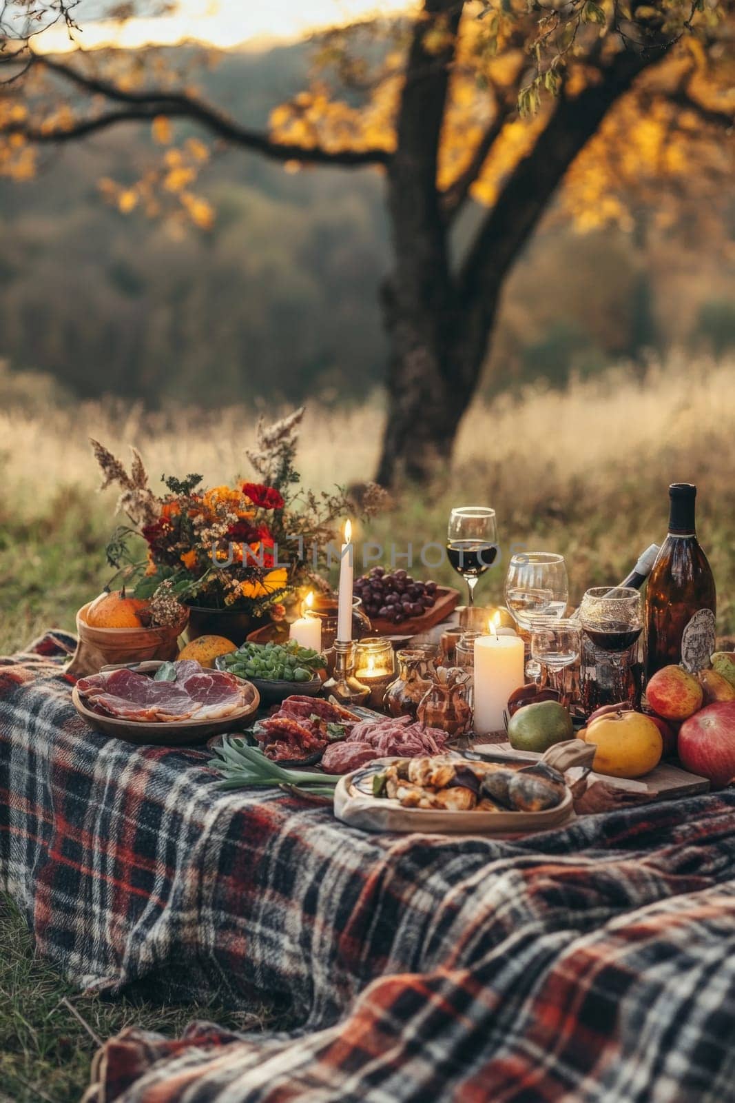 A very beautifully set table in nature, in a cozy autumn garden. High quality photo
