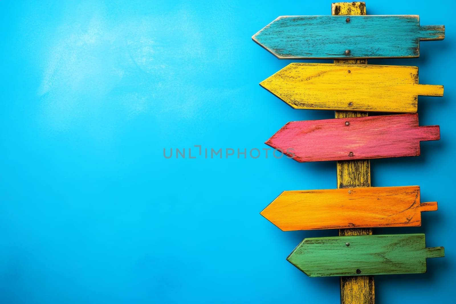 Wooden pole with multicolored arrows pointers on isolated blue background. High quality photo