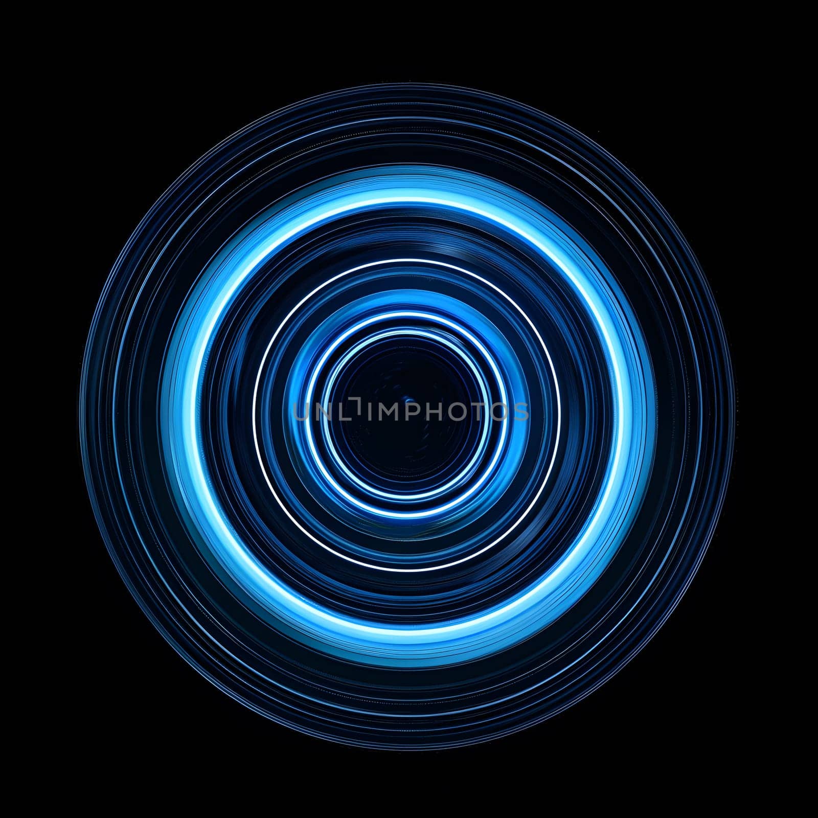 Circular neon lights in blue color are continuously shifting against a dark background