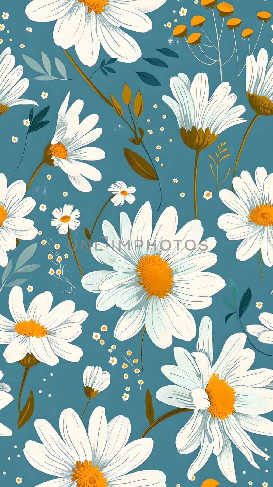Beautiful floral pattern with white daisies and leaves on a blue background.