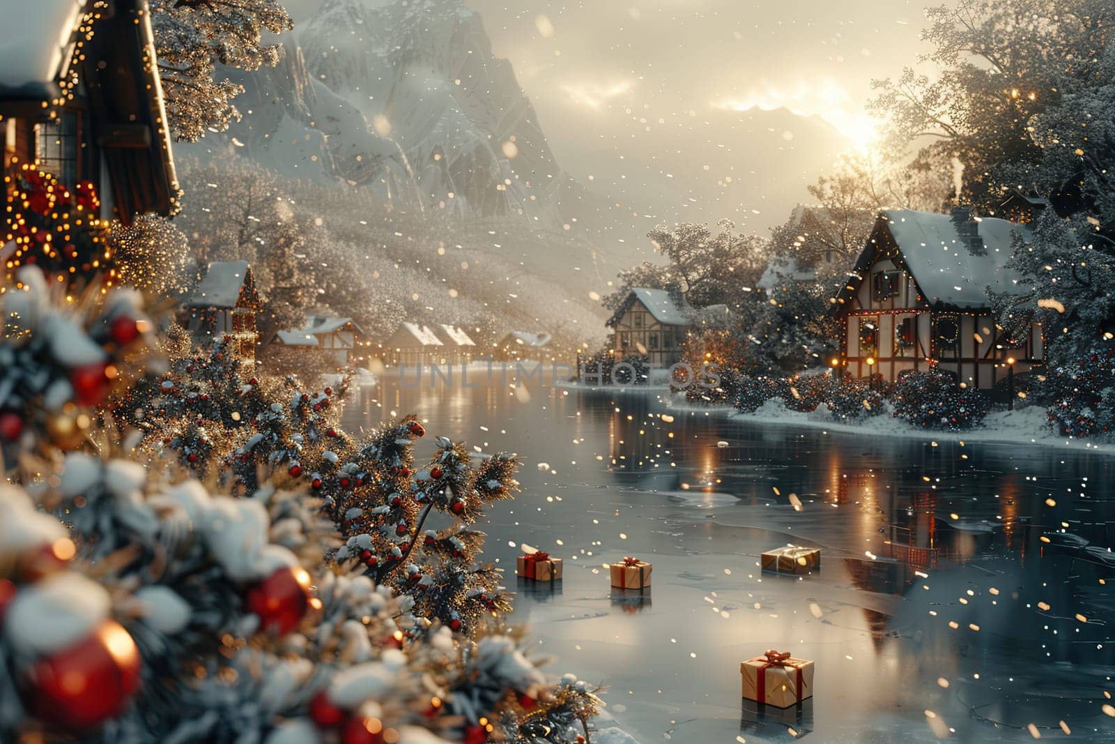 A beautiful and picturesque winter scene featuring a snowy village, a serene river, and delightful holiday gifts