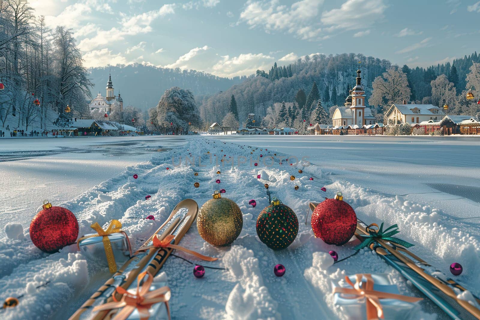 A beautiful and serene winter landscape showcases festive ornaments amidst winding crosscountry ski trails in the snow