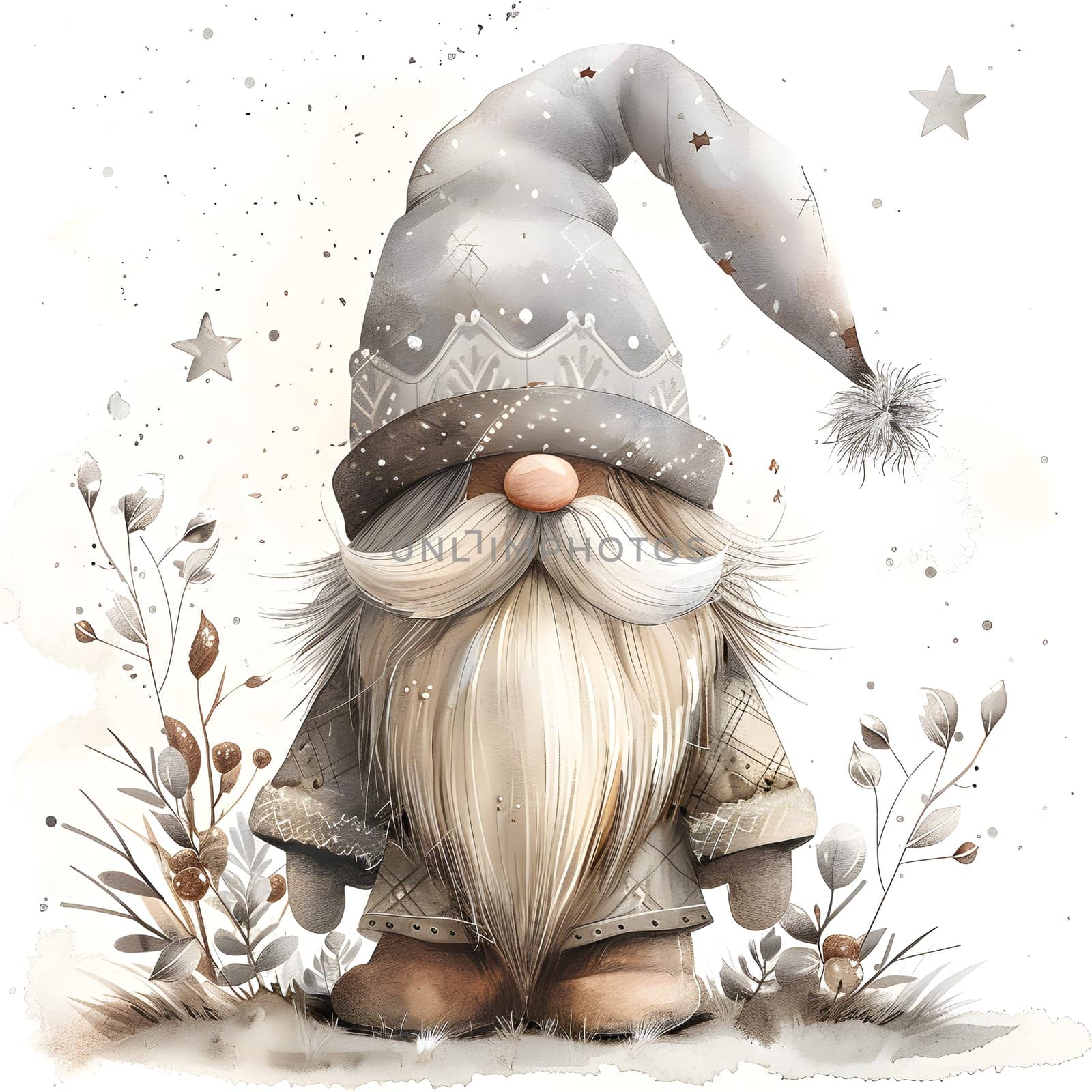 Charming gnome in winter attire with snowy background and star details.