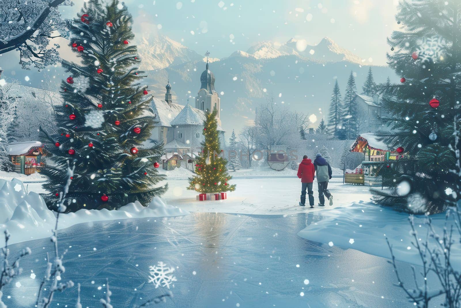 A beautiful and serene winter landscape showcasing fresh snow, evergreen trees, and charming holiday decorations