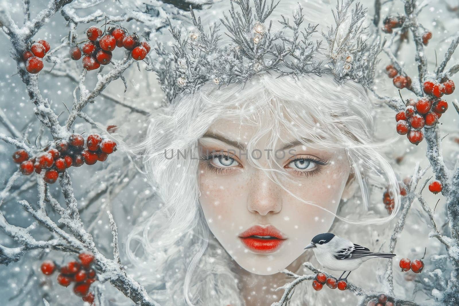 Portrait of a very beautiful woman in a winter forest, a fairy or mistress of the forest walks around her domain. High quality photo