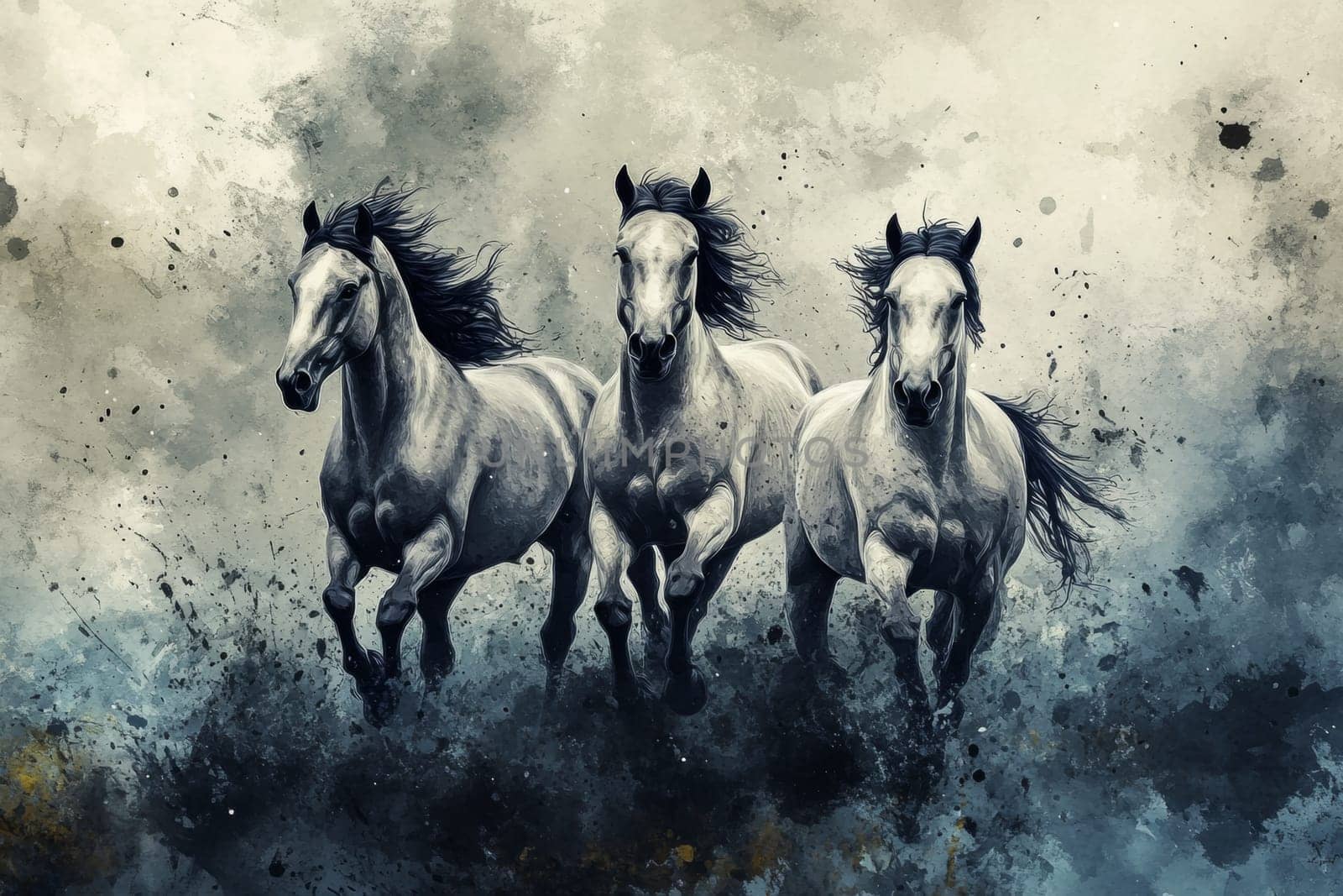 Three horses run across the field in the fog. High quality photo