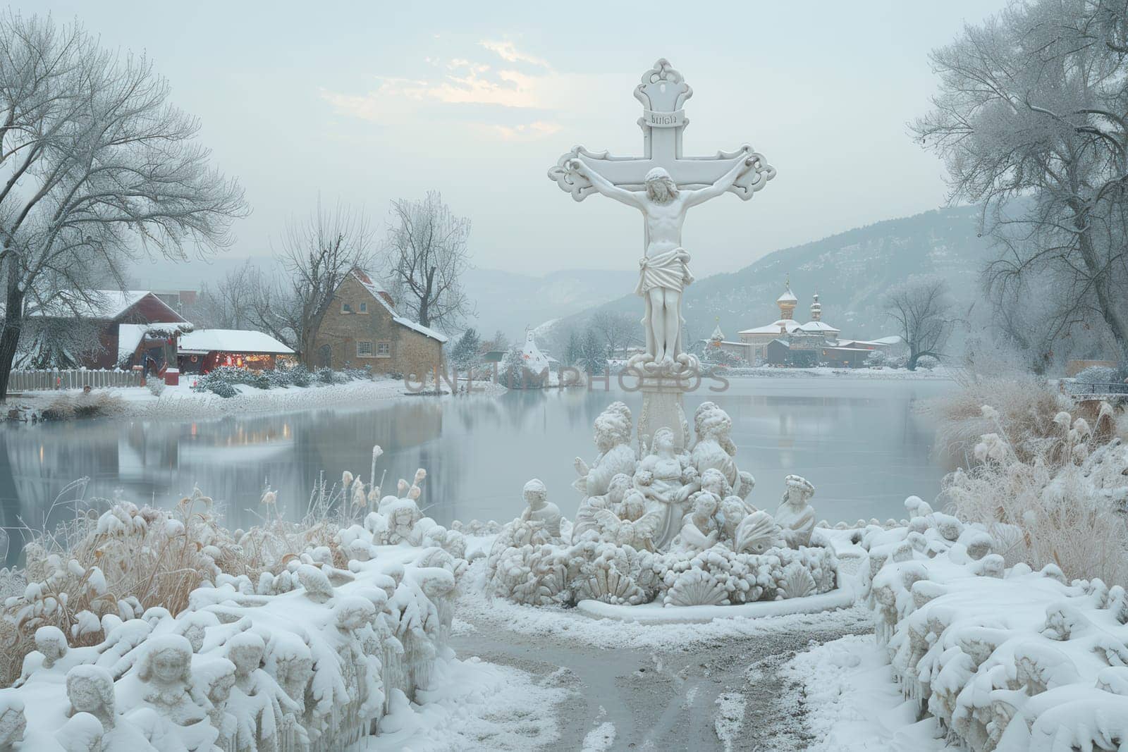 A beautiful, tranquil winter scene showcasing a stunning, snowcovered fountain in a peaceful frosty landscape