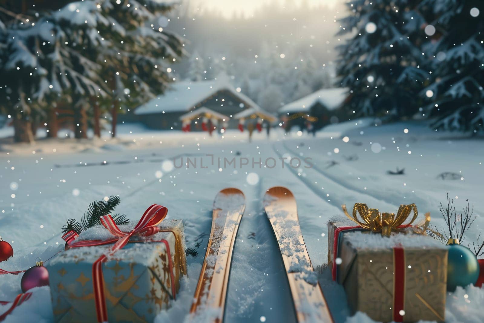 A beautifully picturesque snowy landscape that features skis and a bunch of festive gifts in a serene winter setting