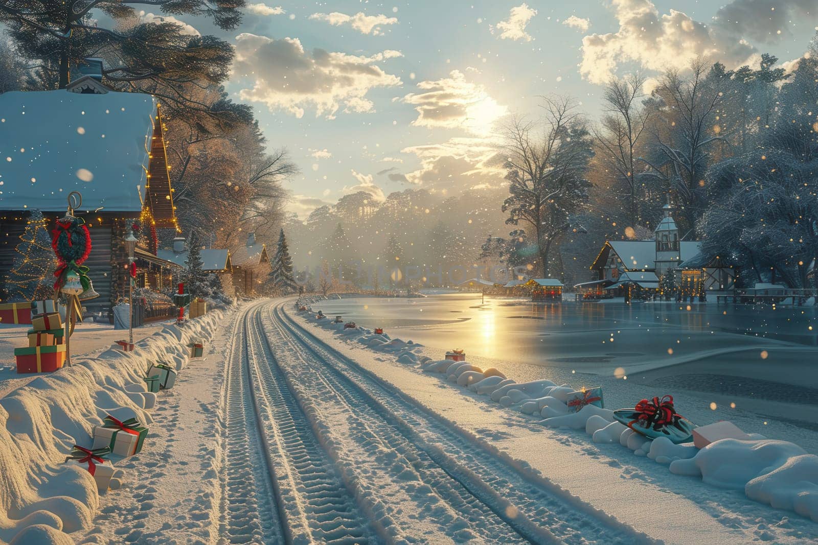 A beautifully picturesque snowy landscape featuring a tranquil river during sunset, adorned with festive holiday cheer