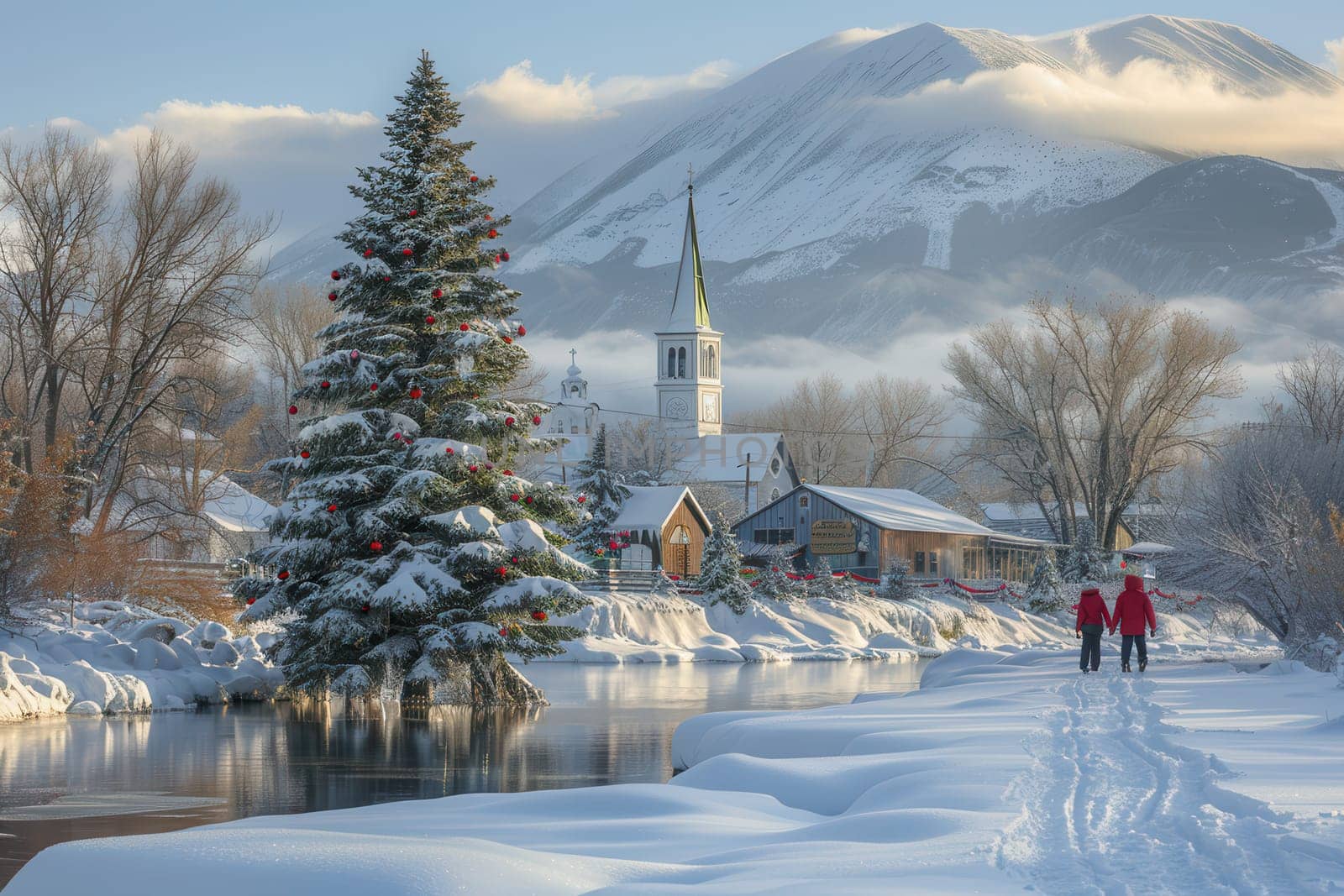 A beautifully picturesque winter scene showcasing a serene snowy landscape, a flowing river, and a charming church