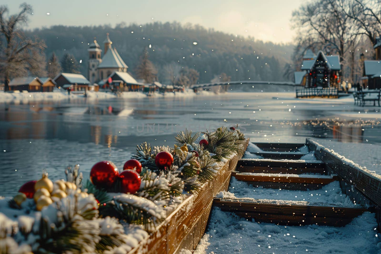 A beautifully serene winter scene showcasing snowcovered banks and delightful festive decor along a tranquil river