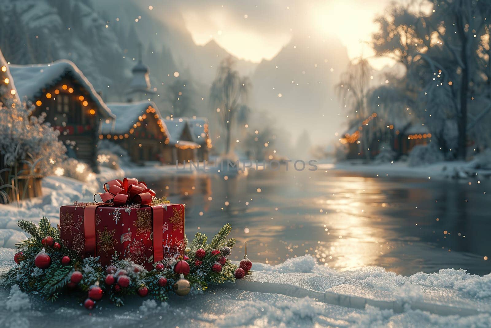 A beautifully serene, snowcovered landscape features numerous Christmas gifts beside a river and charming cottages