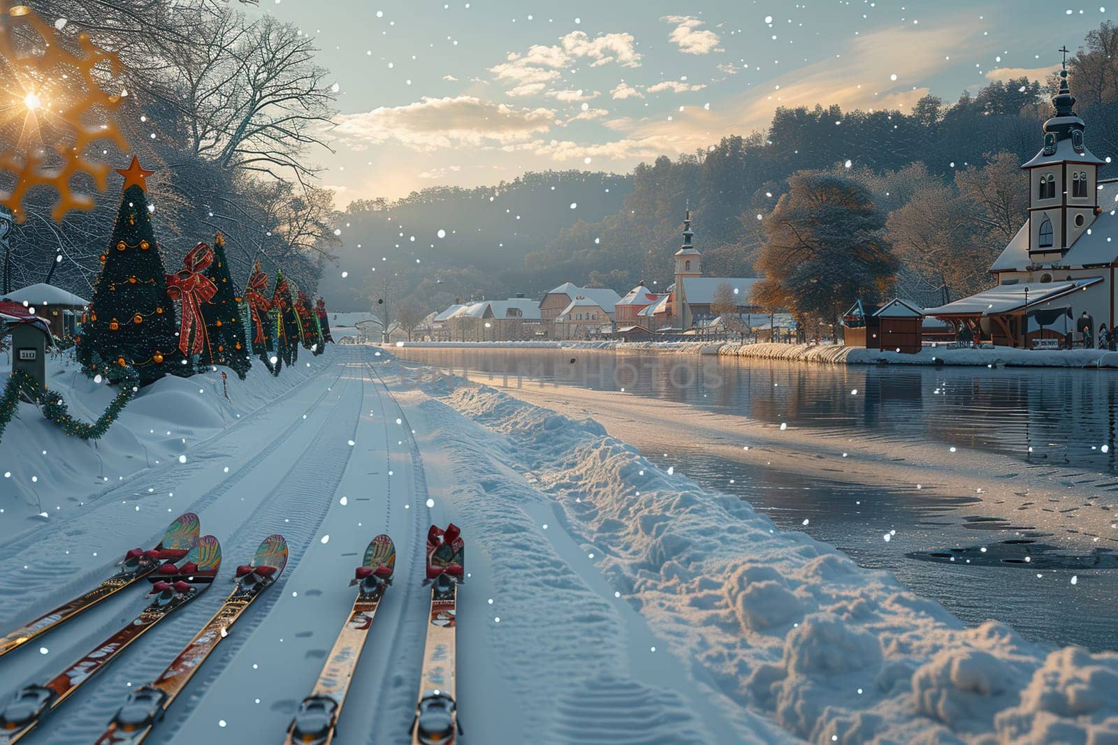 A breathtaking and picturesque winter scene showcasing vast snowy terrain, distinct ski tracks, and a peaceful river