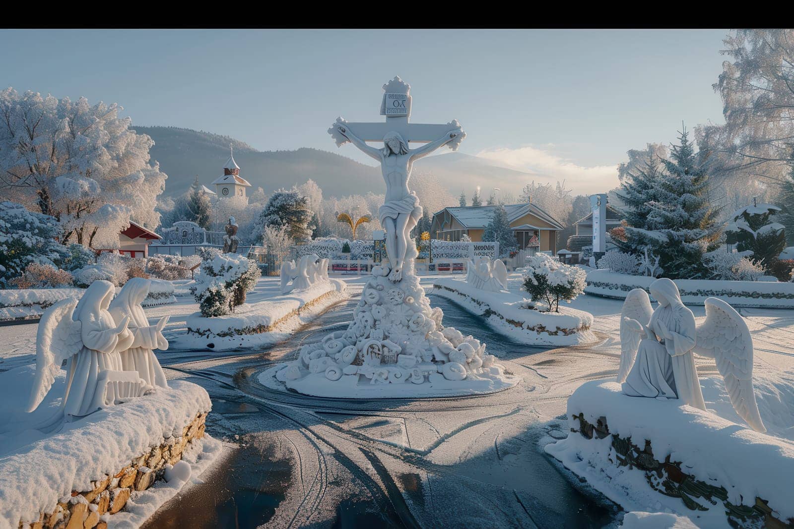A breathtaking winter scene showcases enchanting snowcovered statues set amidst a serene and tranquil garden