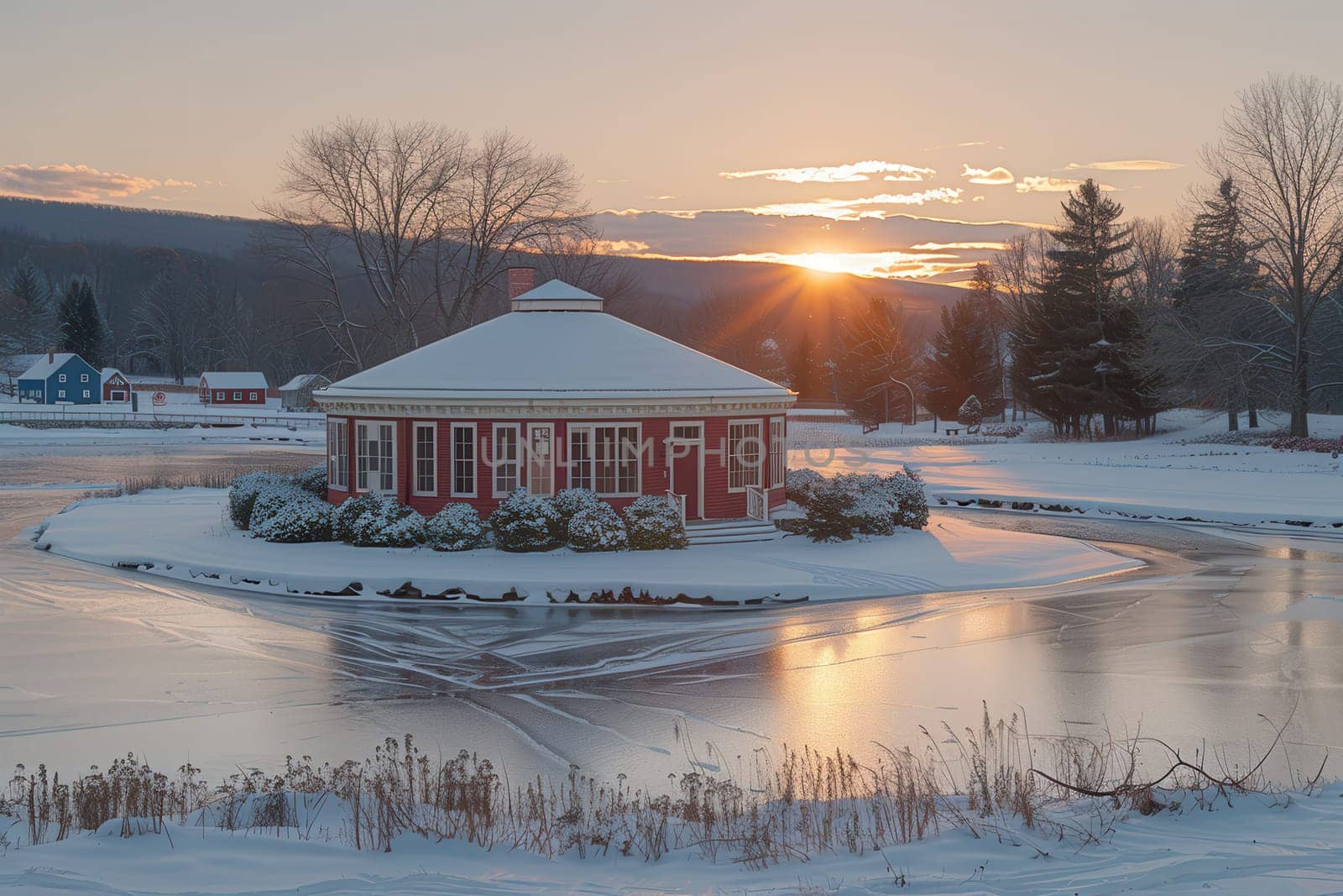 A charming and picturesque gazebo stands amidst the snow, beautifully reflecting a tranquil winter sunset
