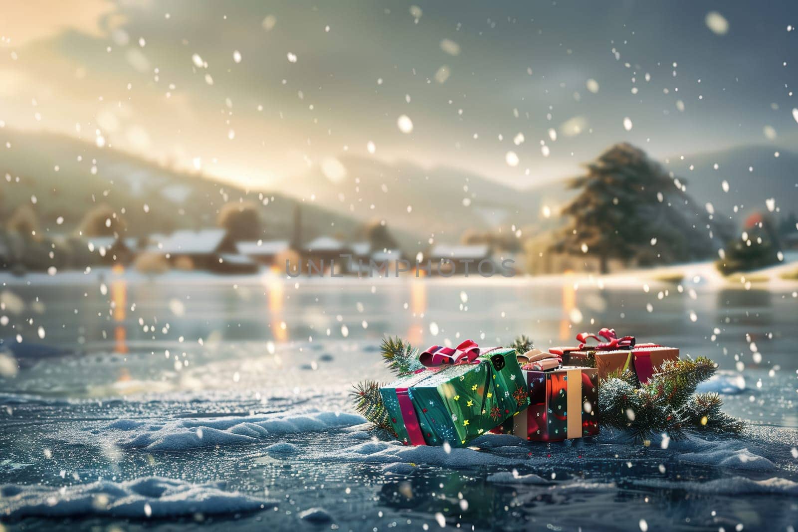 A charming winter landscape showcasing beautifully wrapped Christmas gifts, glistening snow, and cozy, inviting cabins
