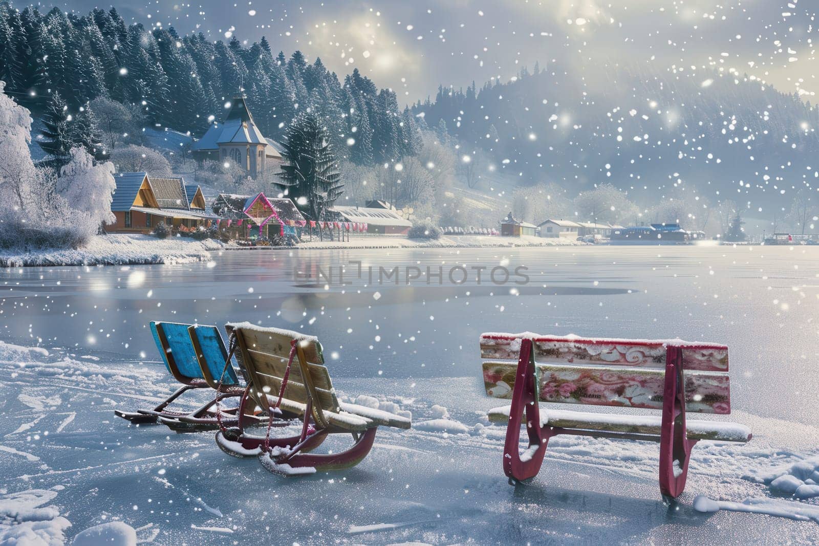 A charming winter scene beautifully featuring colorful sleds, gentle snowfall, and a serene frozen lake nearby