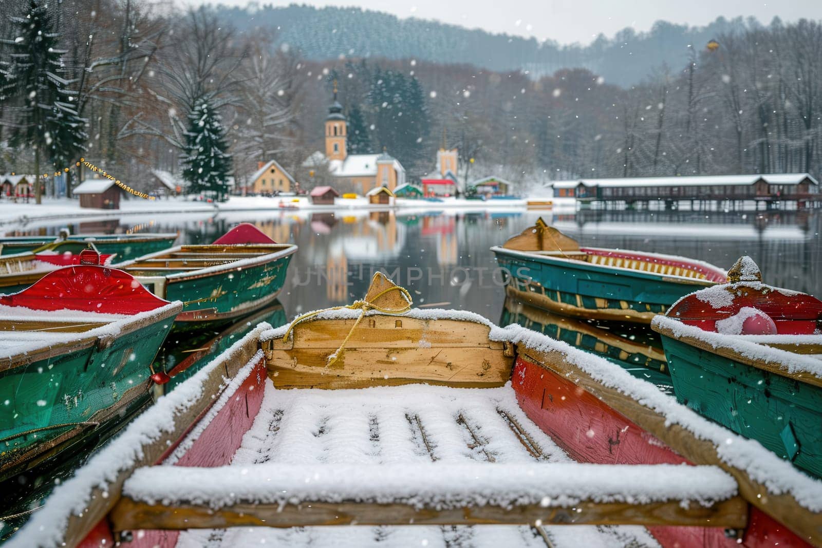 A charming, magical winter scene featuring colorful boats resting in the snow near a serene, picturesque lake