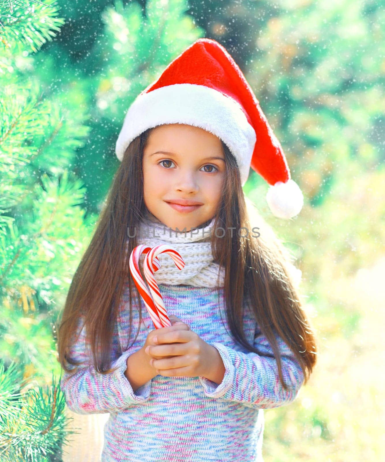 Christmas child little girl in santa red hat with sweet lollipop cane near a branch tree