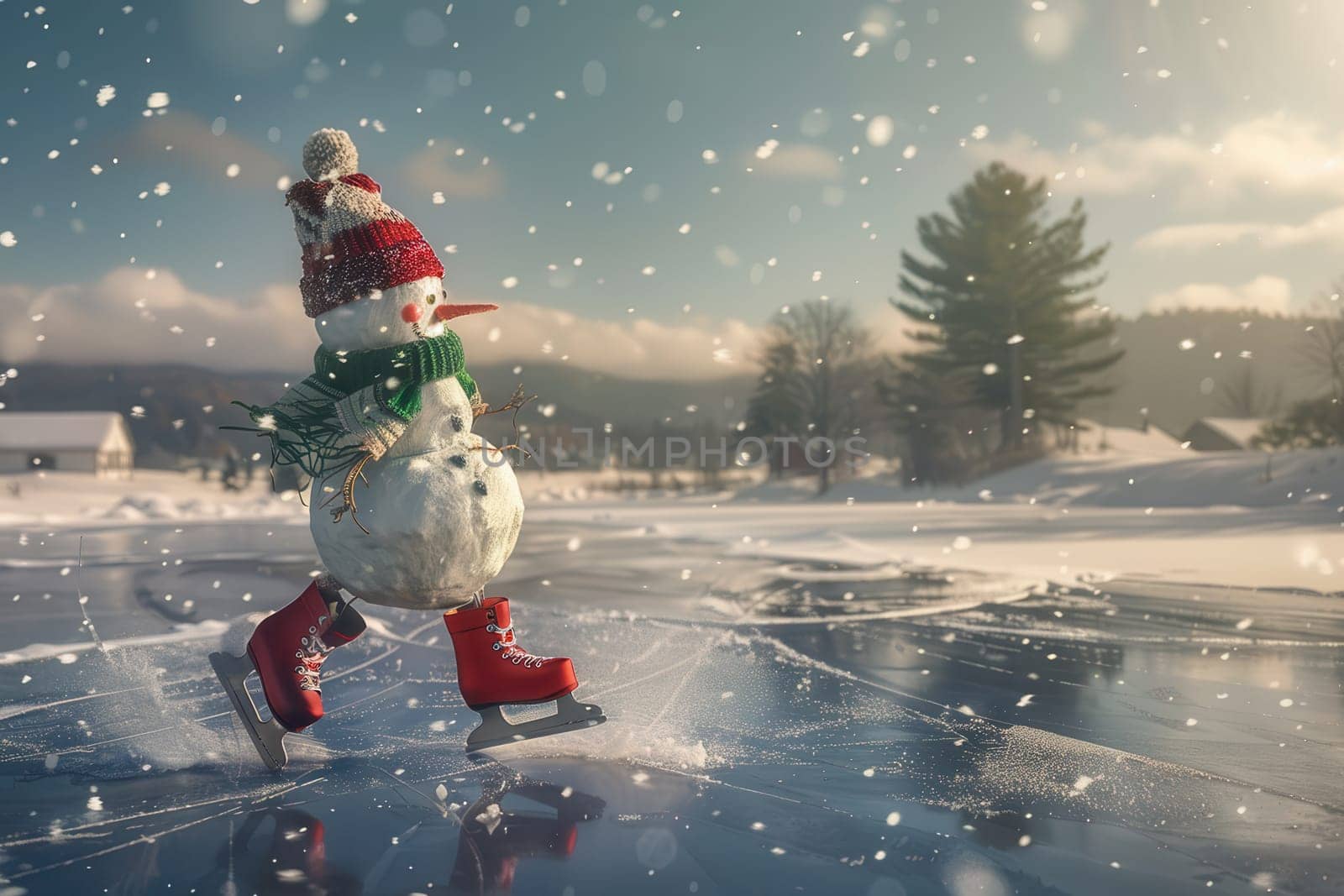 A cheerful and playful snowman skates joyfully on a frozen pond, surrounded by a beautiful snowy landscape