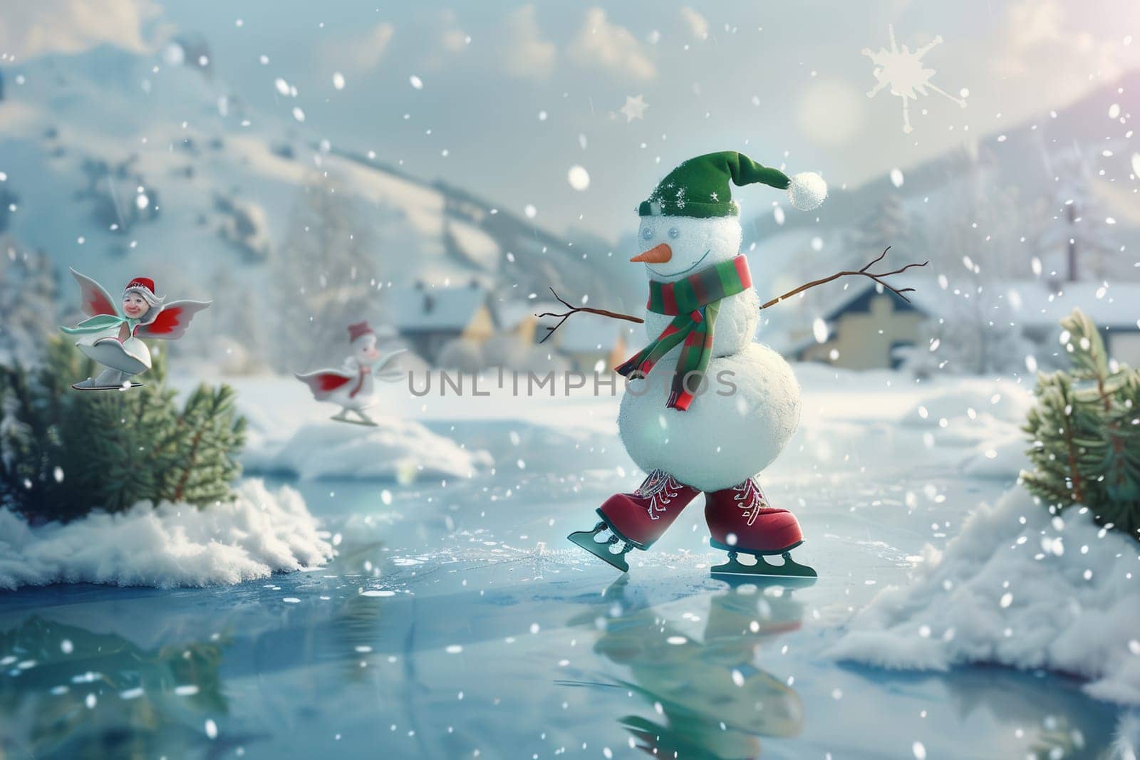 A cheerful snowman happily ice skating under the gently falling snow in a picturesque winter wonderland scene