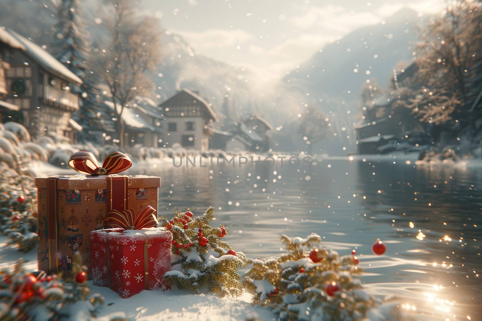 A magical winter scene adorned with festive gifts nestled by a serene river, encircled by majestic snowy mountains