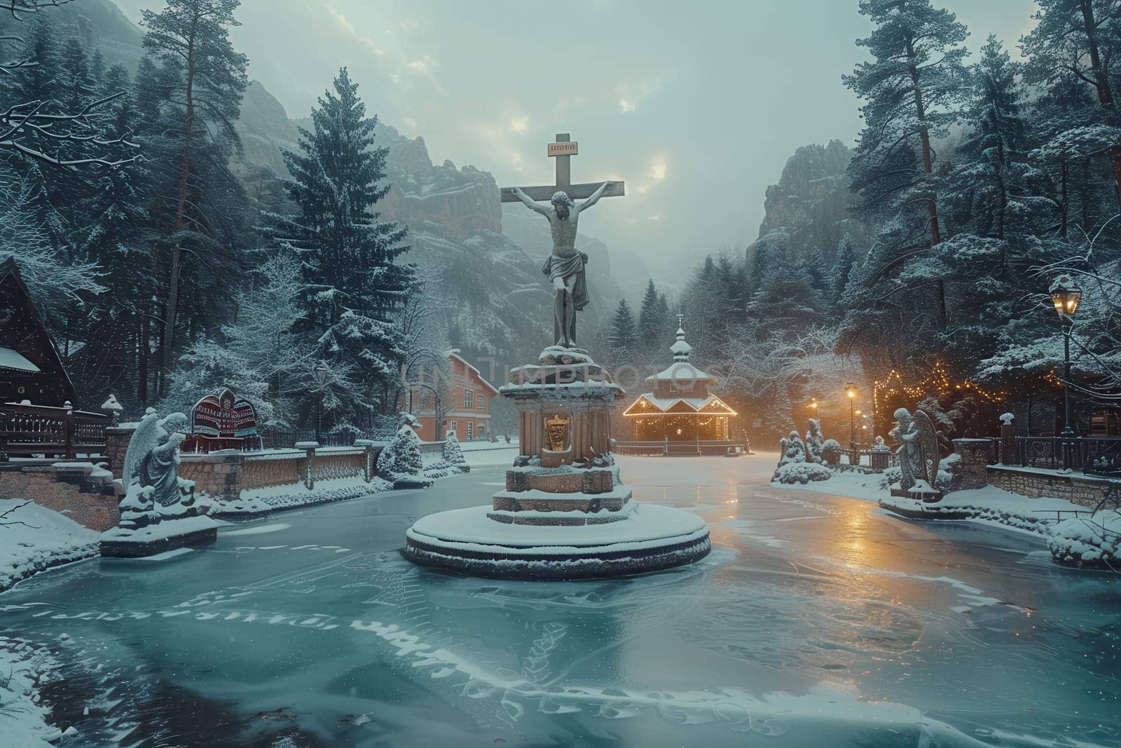 A peaceful and serene winter scene showcasing a beautiful cross statue, surrounded by pure white snow and tall trees
