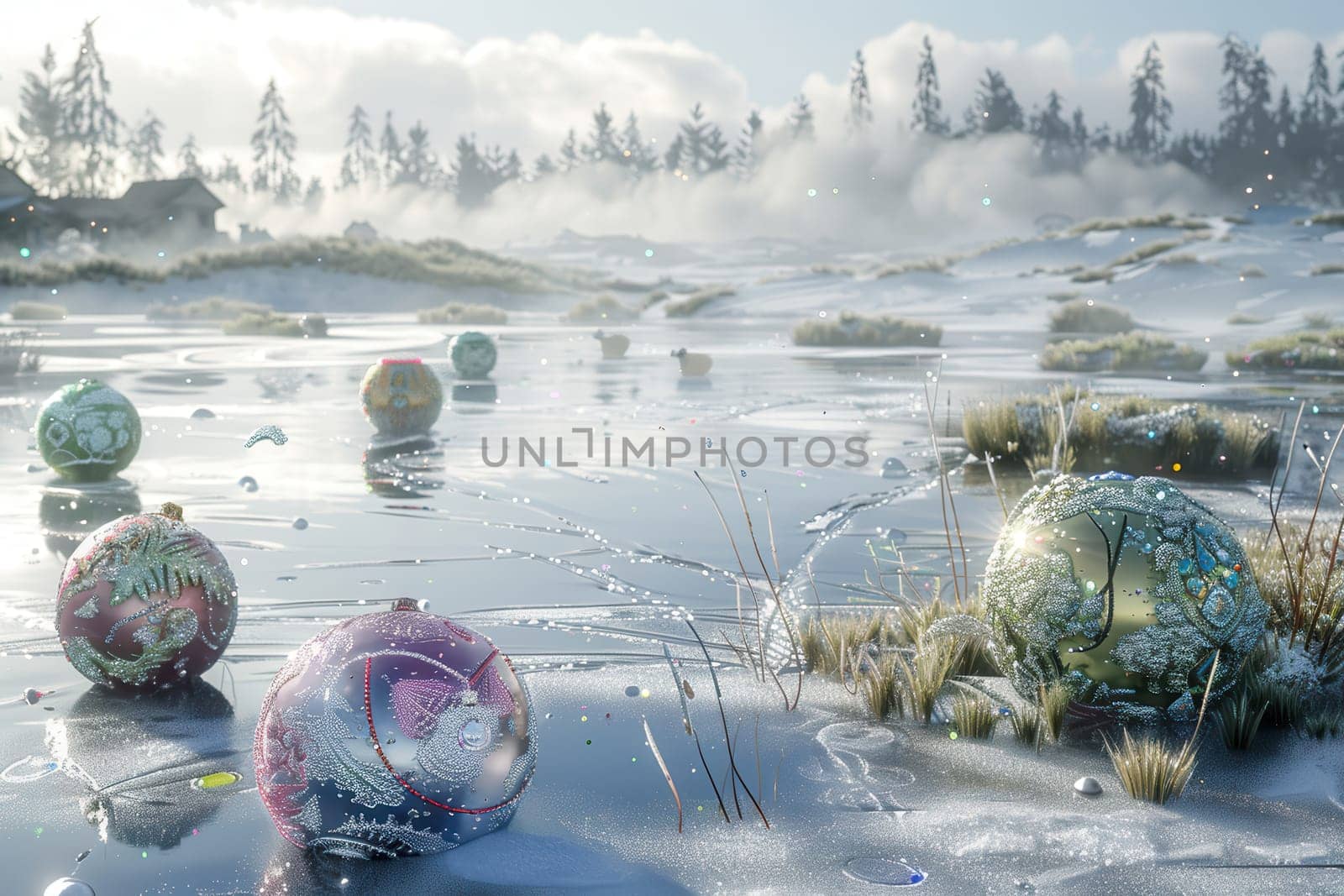 A picturesque and tranquil winter scene showcasing festive ornaments adorning a frozen lake within natures beauty